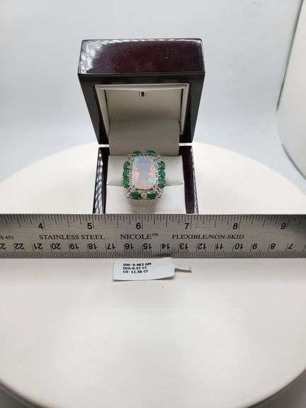 Extremely fine Victorian natural opal in center and emerald, diamonds ring on silver