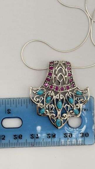 925 Sterling Silver Filigree Design Turquoise And Red Stone Details Necklace