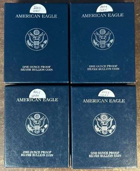 2003, 2004, 2005, & 2006 Gem Ultra Cameo Proof $1 Silver Eagles in boxes w/COA