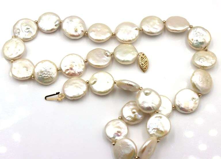 Pearl coin and gold bead necklace