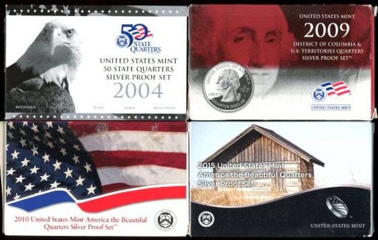 4 Different Silver US State Quarter Proof Sets in Box w/COA: 2004, 2009, 2010, & 2015