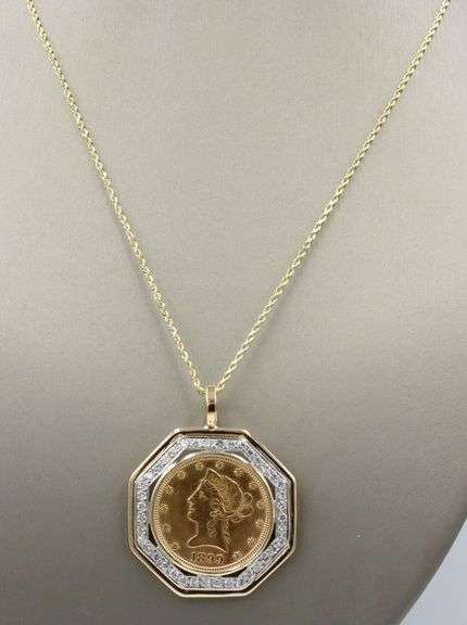 $10 Liberty coin and 1.20ctw diamond bezel Octagon pendant frame on rope chain necklace