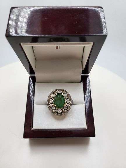 Extremely fine Victorian emerald and diamonds ring on silver
