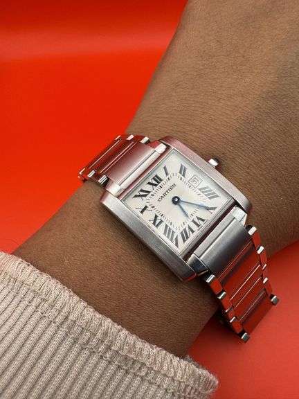 Cartier Women's Tank Francaise Date 2465 White Dial Quartz 25mm Steel Watch
