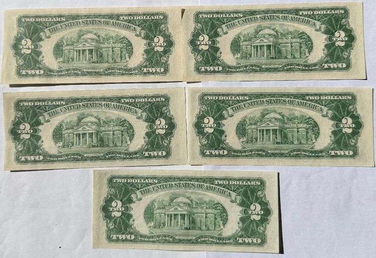 Five Uncirculated 1953 A $2 Red Seal US Notes