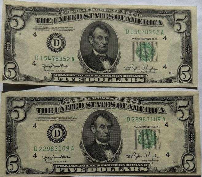 Two $5 1950 Unc Fed Reserve Notes