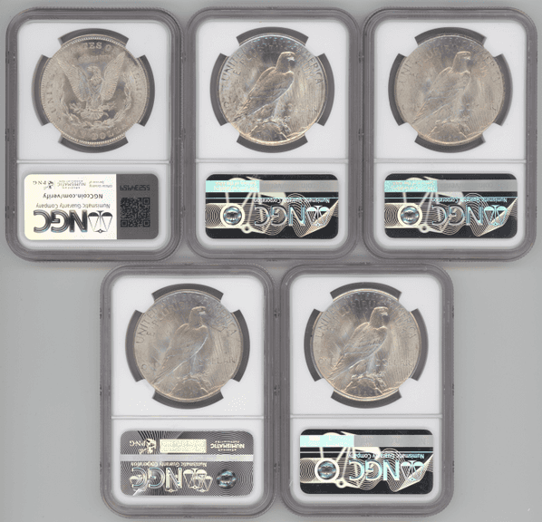 5 Near Gem BU NGC MS64 Silver Dollars 1921 to 1925