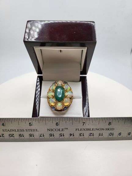Extremely fine Victorian emerald , opal and diamonds ring on silver