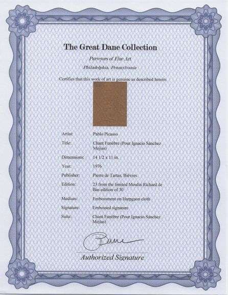 Rare Pablo Picasso Embossment on Harpgaon Cloth from Chant Funèbre pour Ignacio Sánchez Mejías, 1976