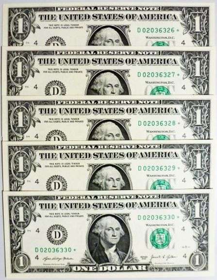 (5) Superb Crisp $1 2021 Star Replacement Notes Cleveland-Consecutive!!