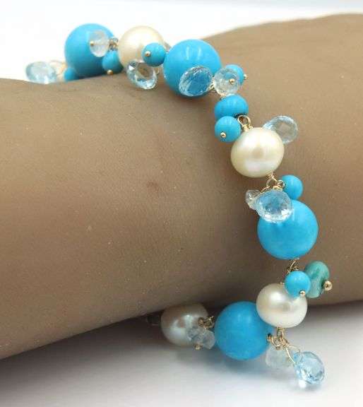 Zoe B. Gypsy turquoise, aquamarine Briolette and pearl bracelet