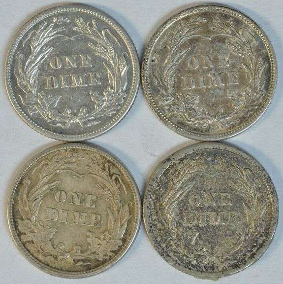 4 Different original AU/BU Barber Dimes 1902 to 1914-D