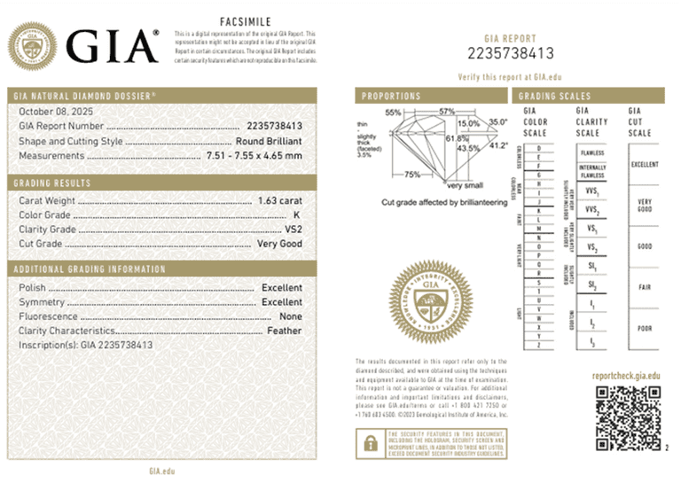 Loose Diamond, 1.63ct, GIA Certified, Round Brilliant Cut