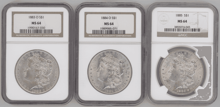3 Nearly Gem BU Morgan Silver Dollars in NGC MS64 holders