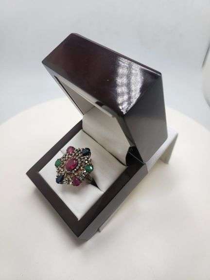 Extremely fine Victorian emerald, ruby, sapphire and diamonds ring on silver