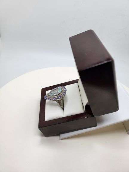 Extremely fine Victorian natural blue topaz and diamonds ring on silver