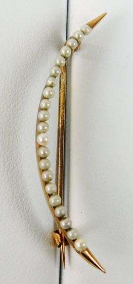 Antique 14K Gold & Pearls Crescent Moon Pin