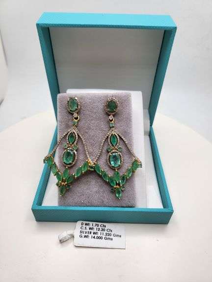Very high quality hand made emerald and diamonds on silver earrings