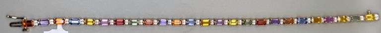 14K Yellow Gold Multi Colored Baguette Sapphires and Diamond Tennis Bracelet