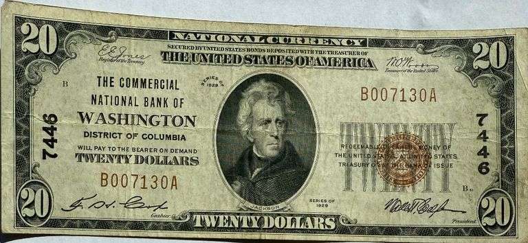 $20 Commercial Natl Bank of Washington DC Series 1929 Note.