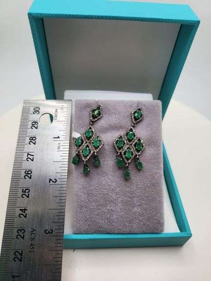 Very high quality hand made emerald and diamonds on silver earrings
