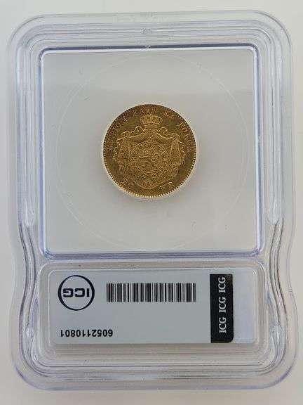 1878 Belgium GOLD 20 Francs, ICG AU58 Details