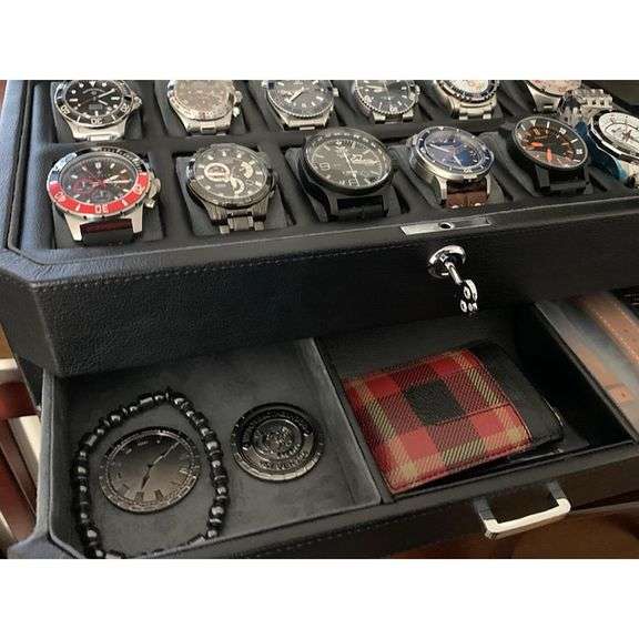 12-Slot Leather Watch Box with Valet Drawer