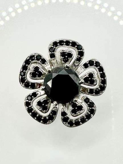 Impressive 14 Kt White Gold Plate 7 Ct Black Moissanite Flower Ring