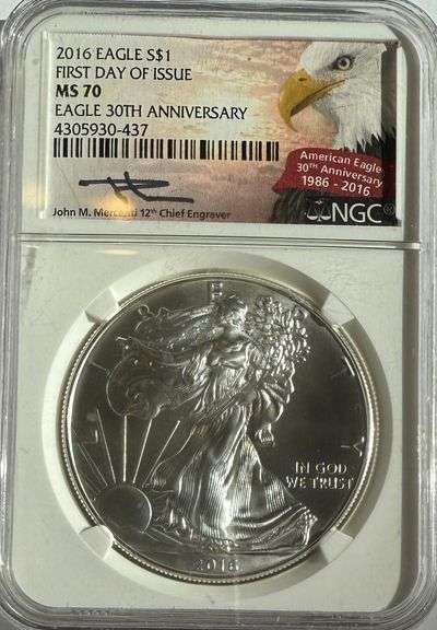 Mercanti Signed 2016 NGC MS 70 Silver Eagle First Day of Issue.