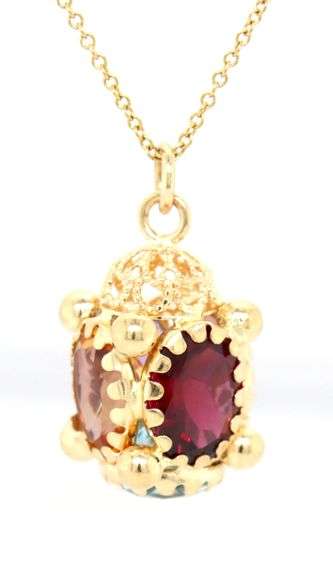 14kt Yellow gold multi gemstone Lantern style pendant on chain
