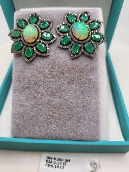 Very high quality hand made emerald and diamonds with opal on silver earrings