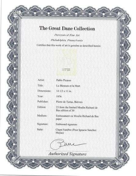 Rare Pablo Picasso Embossment from Chant Funèbre pour Ignacio Sánchez Mejías, 1976