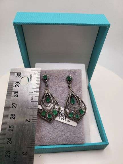 Very high quality hand made emerald and diamonds on silver earrings