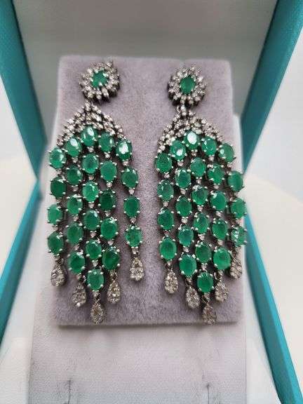Very high quality hand made emerald and diamonds on silver earrings
