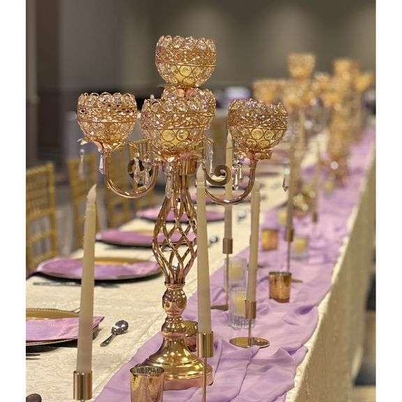 Gold Candelabra Centerpiece with Crystal Pendants