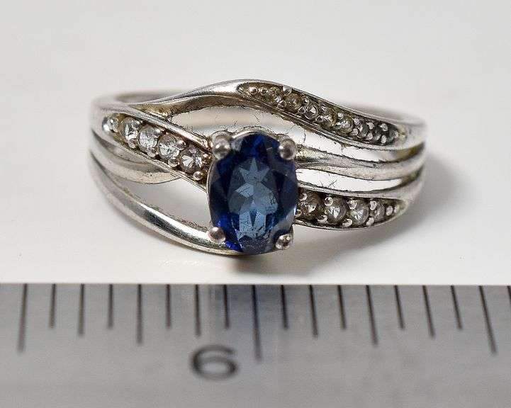 Blue Sapphire and CZ Gemstone Ring in Sterling Silver