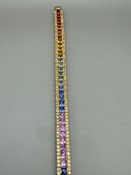 14K Yellow Gold Multi Colored Princess Cut Sapphires Tennis Bracelet