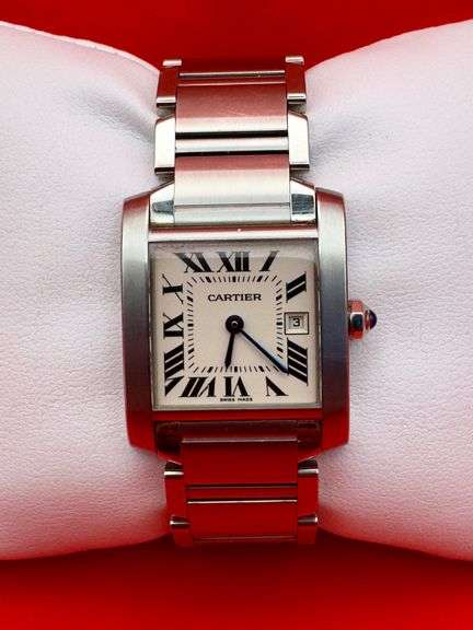 Cartier Women's Tank Francaise Date 2465 White Dial Quartz 25mm Steel Watch