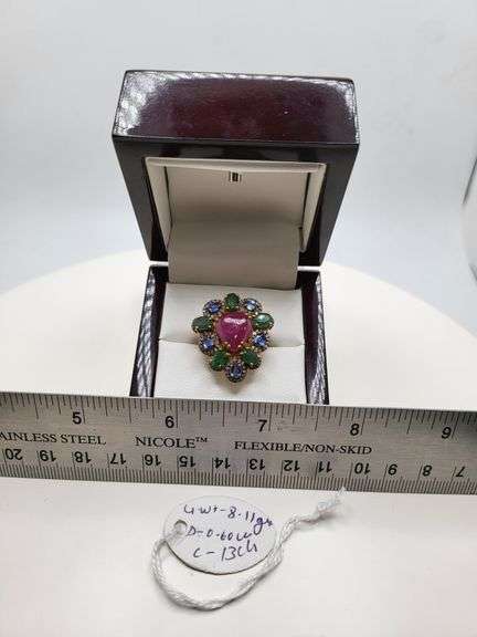 Extremely fine Victorian natural ruby, emerald, sapphire, diamonds ring on silver