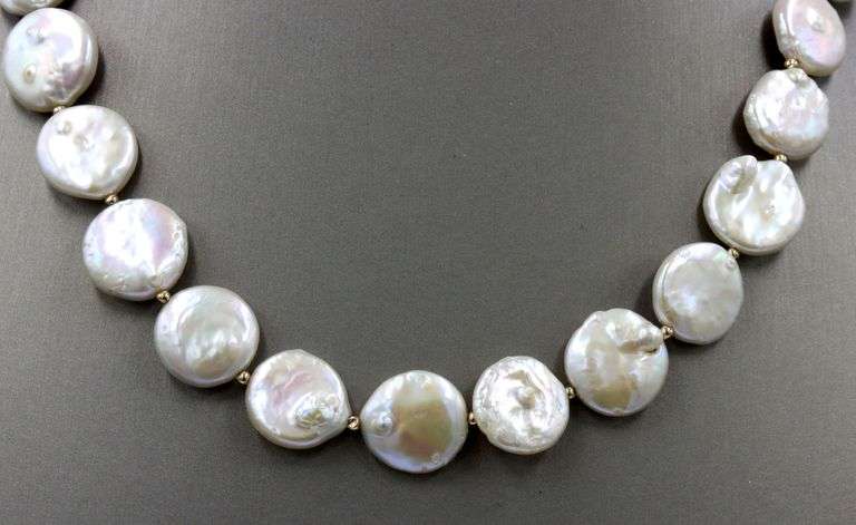 Pearl coin and gold bead necklace