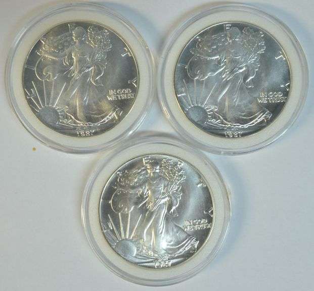 3 Superb Gem BU 1987 $1 American Silver Eagles in custom holders