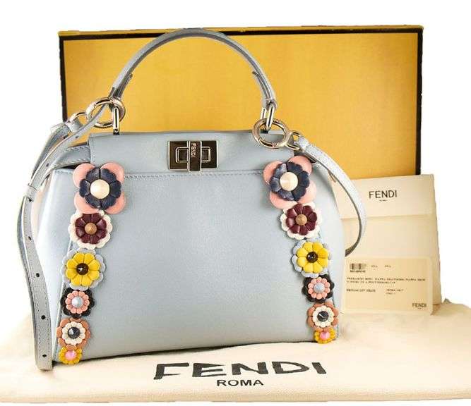 Fendi Light Blue Nappa Flowerland Mini Peekaboo Iconic Satchel