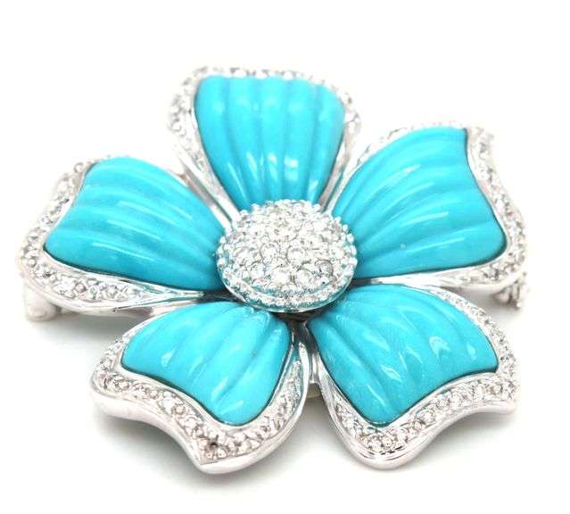 14kt White gold 0.53ctw diamond pave and turquoise flower brooch pendant