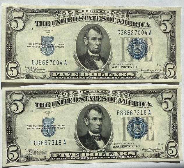 Two $5 1934 A Silver Certificate  Near Unc