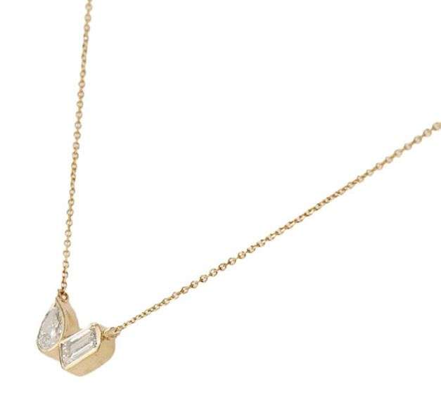 New 0.92ctw Emerald and Pear Shaped Diamond Toi Et Moi Bezel Set Necklace in 14K