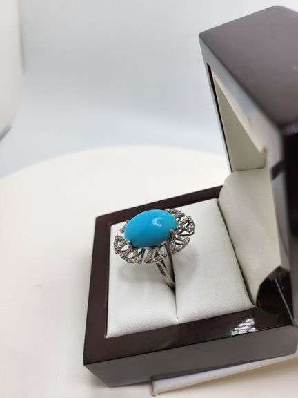 Extremely fine Victorian turquoise and diamond ring on silver