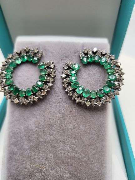 Very high quality hand made emerald and diamonds on silver earrings