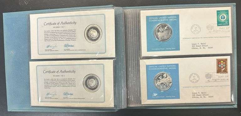 Album with 6 original United Nations solid Sterling Silver Proof Medals