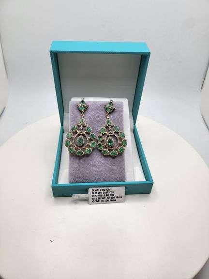 Very high quality hand made emerald and diamonds on silver earrings