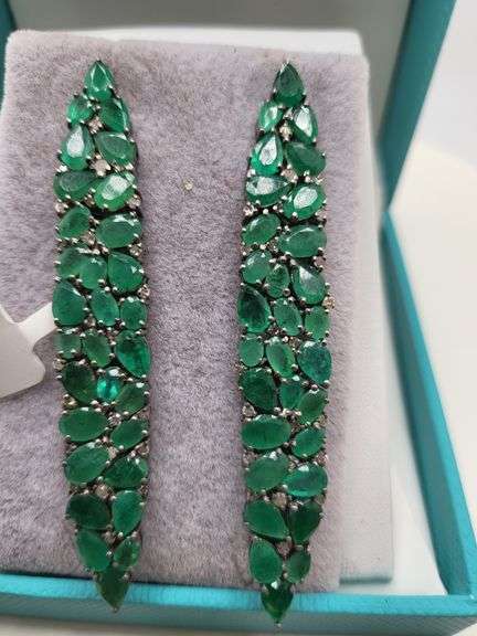 Very high quality hand made emerald and diamonds on silver earrings